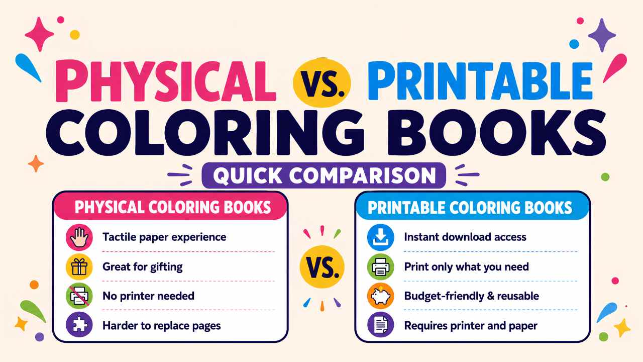 Physical coloring books compared with printable coloring page format for kids