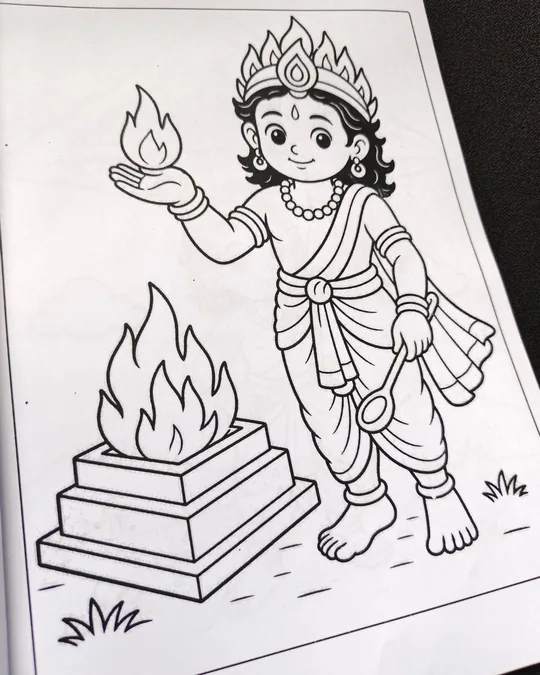 Agni Indian fire god coloring book image for kids learning Hindu mythology.