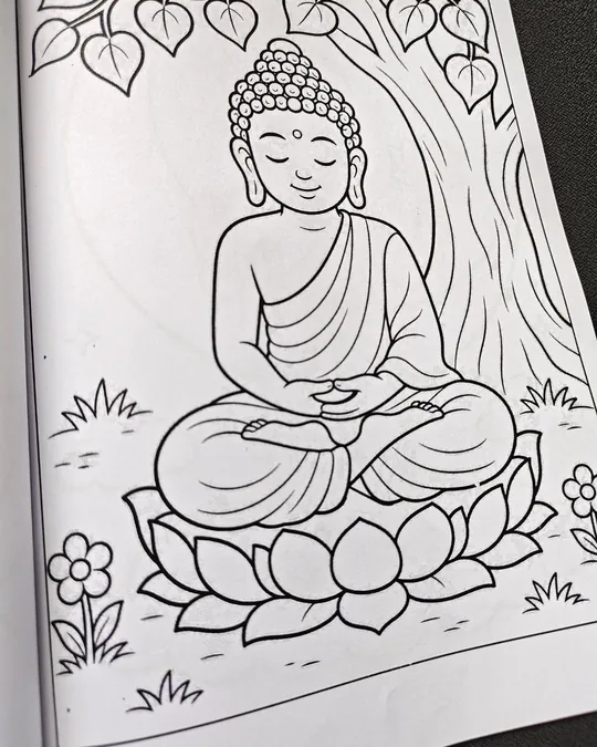 Buddha coloring book image for kids with calm spiritual art from Zippy Colorpop.