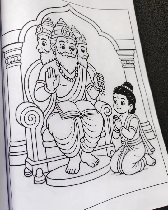 Lord Brahma coloring book artwork for kids from the Zippy Colorpop Hindu gods coloring collection.