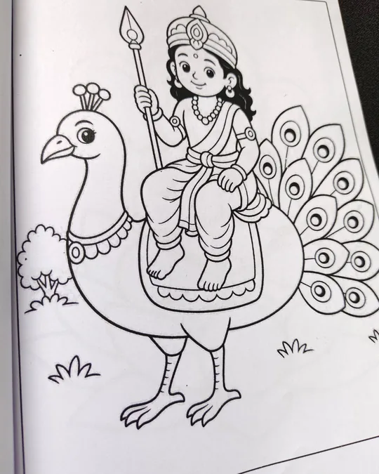 Lord Murugan coloring book image for kids featuring Indian mythology artwork.