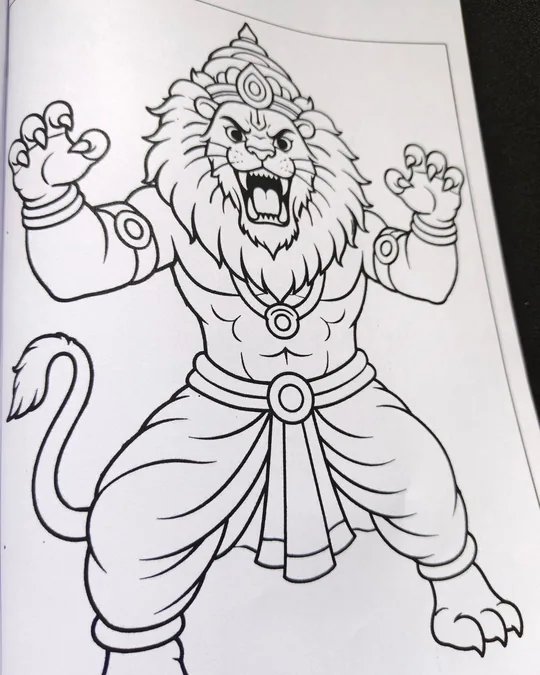 Lord Narasimha coloring book image for kids with Hindu mythology artwork.