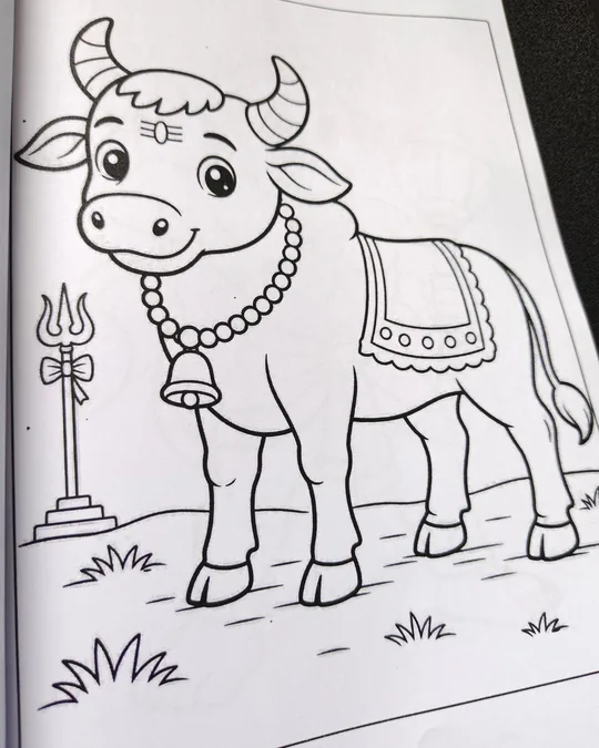 Nandi coloring book image for kids from a Hindu mythology coloring gallery.