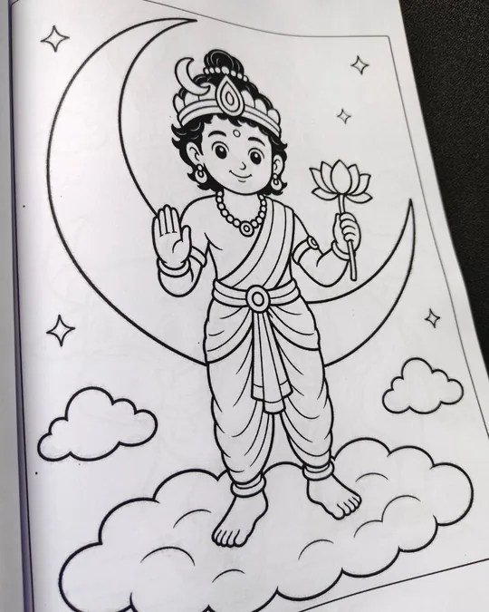 Screen-free Hindu coloring book image for kids and family activities.