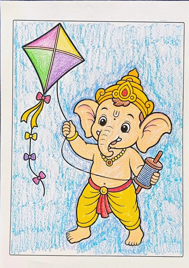 Colored Lord Ganesha kite coloring book sample after coloring