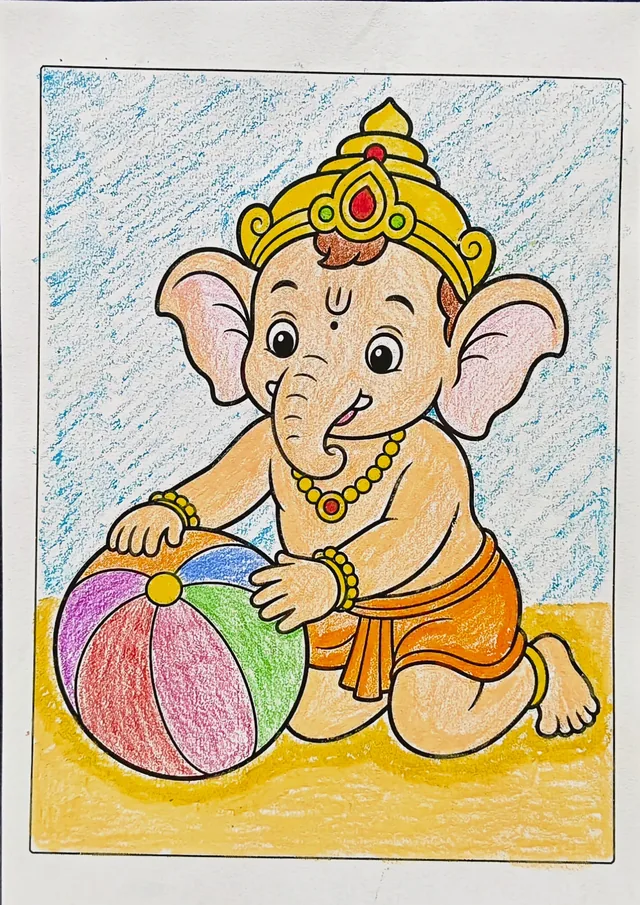 Colored Lord Ganesha ball coloring book sample after coloring