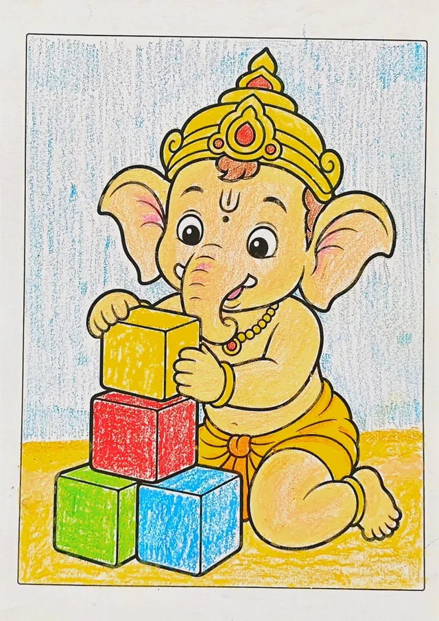 Colored Lord Ganesha coloring book sample after coloring