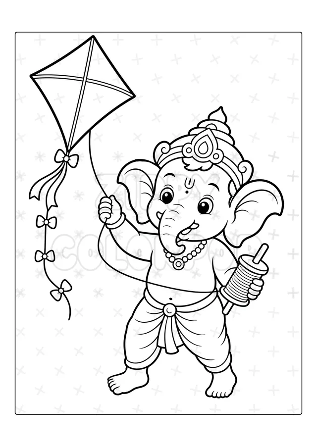 Black-and-white Lord Ganesha kite coloring book sample before coloring