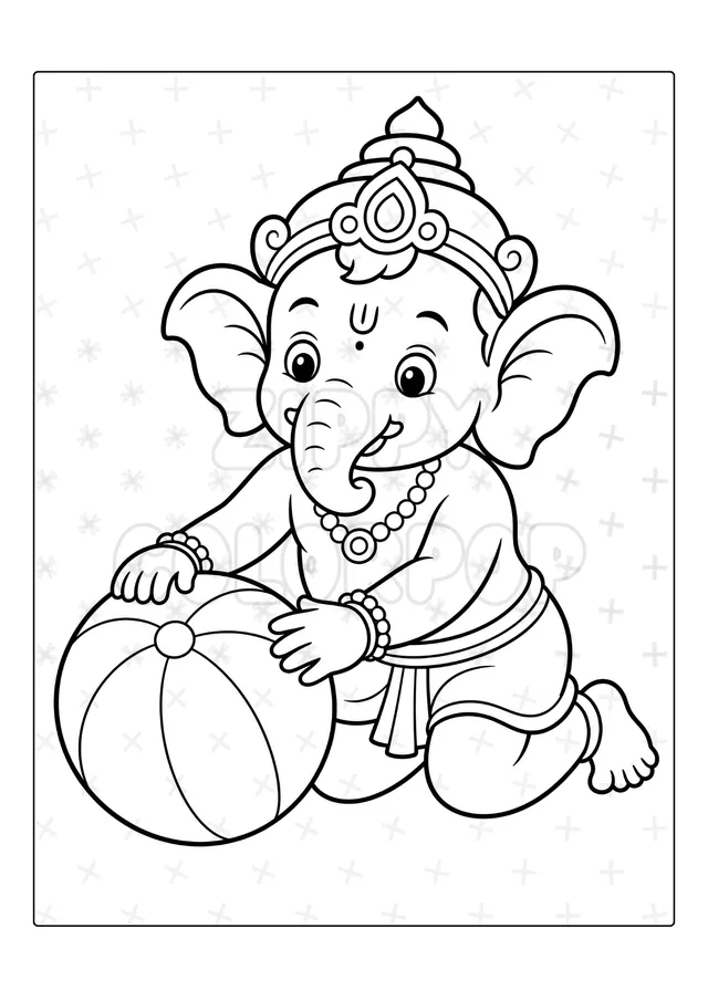 Black-and-white Lord Ganesha ball coloring book sample before coloring