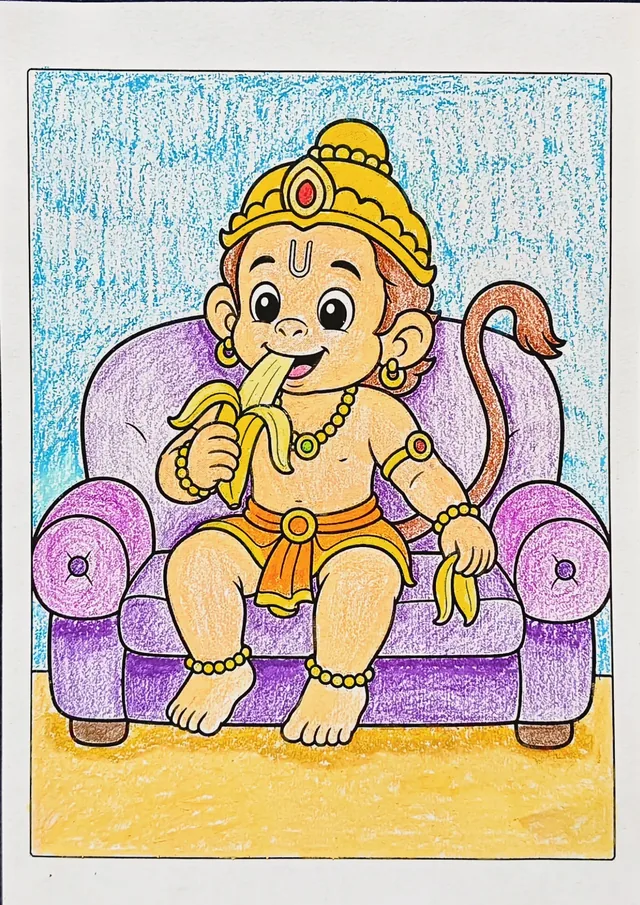 Colored Lord Hanuman ice cream coloring book sample after coloring