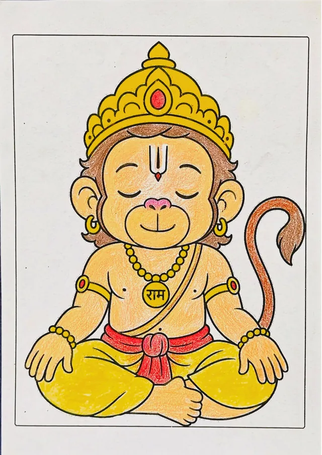 Colored Lord Hanuman mace coloring book sample after coloring