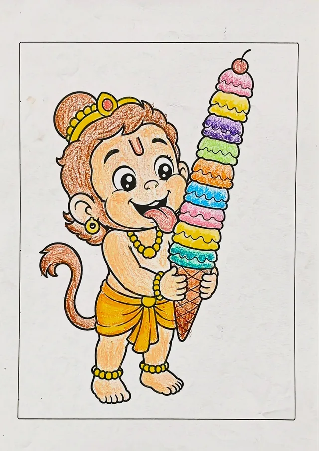 Colored Lord Hanuman mountain coloring book sample after coloring