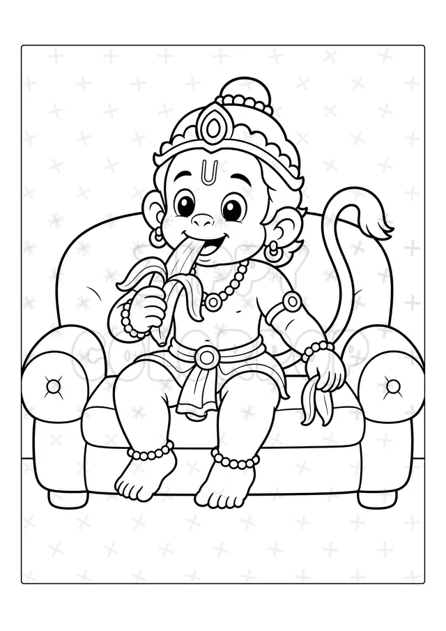 Black-and-white Lord Hanuman ice cream coloring book sample before coloring