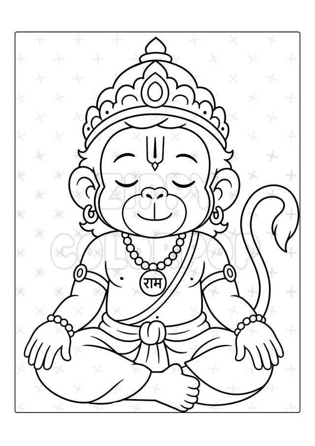 Black-and-white Lord Hanuman mace coloring book sample before coloring