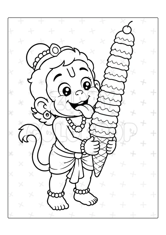 Black-and-white Lord Hanuman mountain coloring book sample before coloring