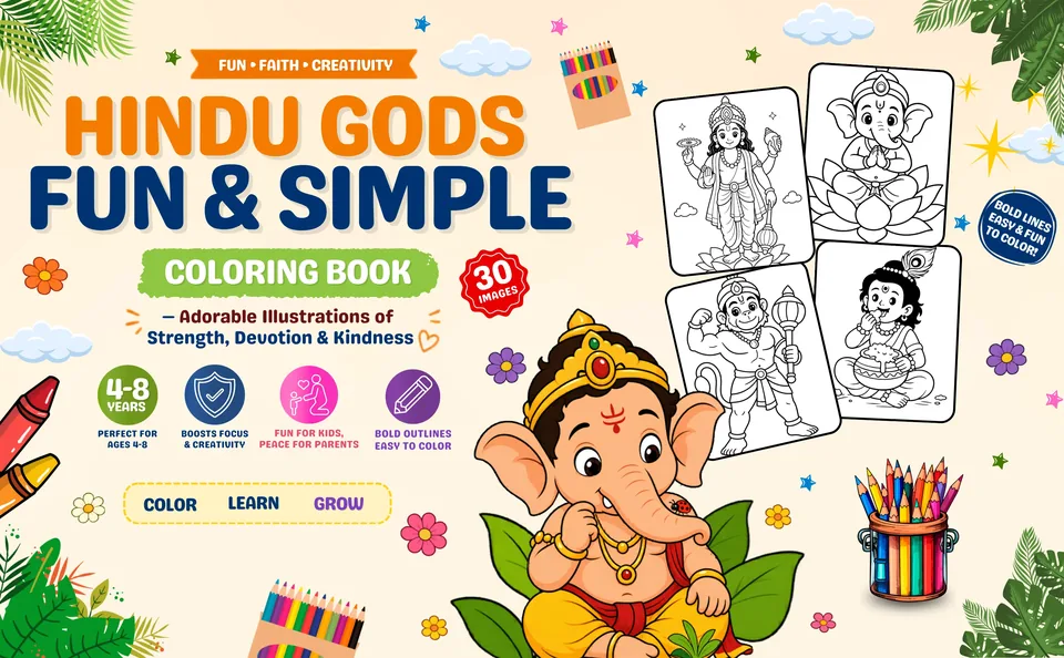 Hindu Gods coloring book for kids with 30 illustrations