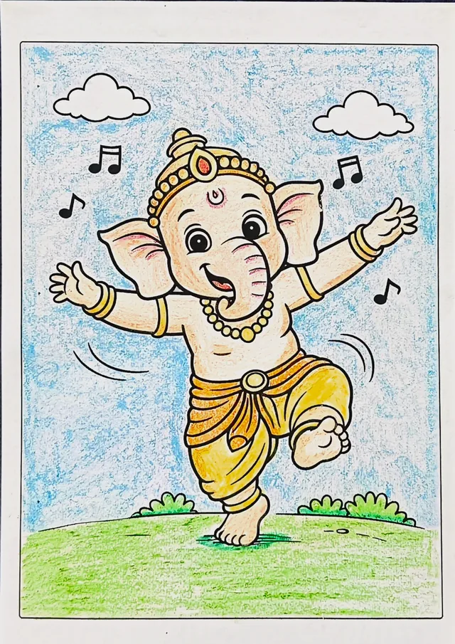 Colored Hindu Gods Ganesha coloring book sample after coloring