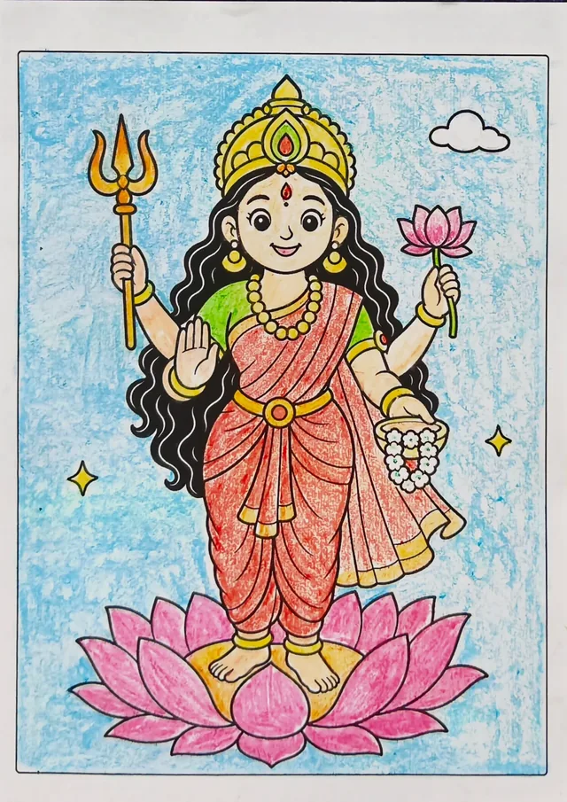 Colored Hindu goddess coloring book sample after coloring
