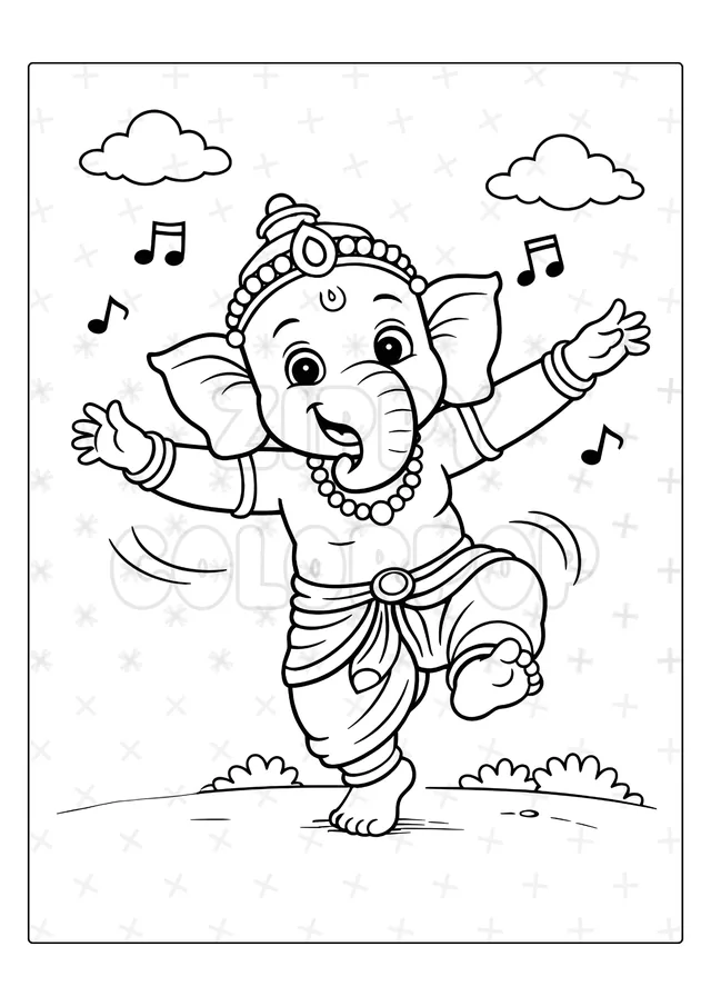 Black-and-white Hindu Gods Ganesha coloring book sample before coloring