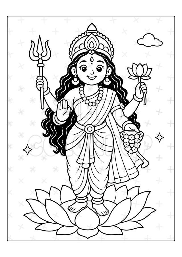 Black-and-white Hindu goddess coloring book sample before coloring