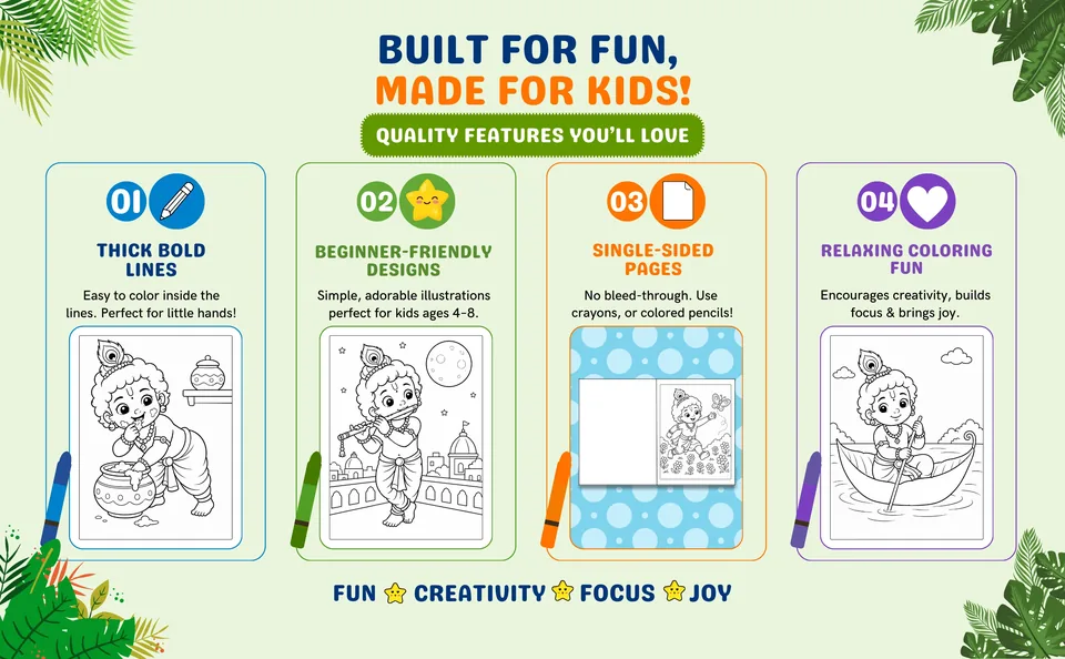 Lord Krishna coloring book with bold single-sided design