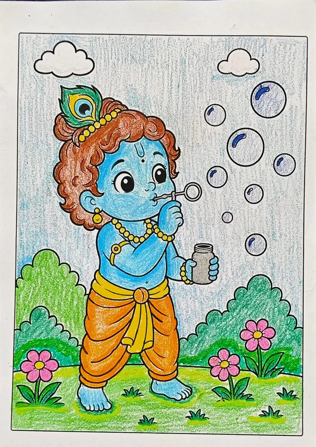 Colored Lord Krishna flute coloring book sample after coloring