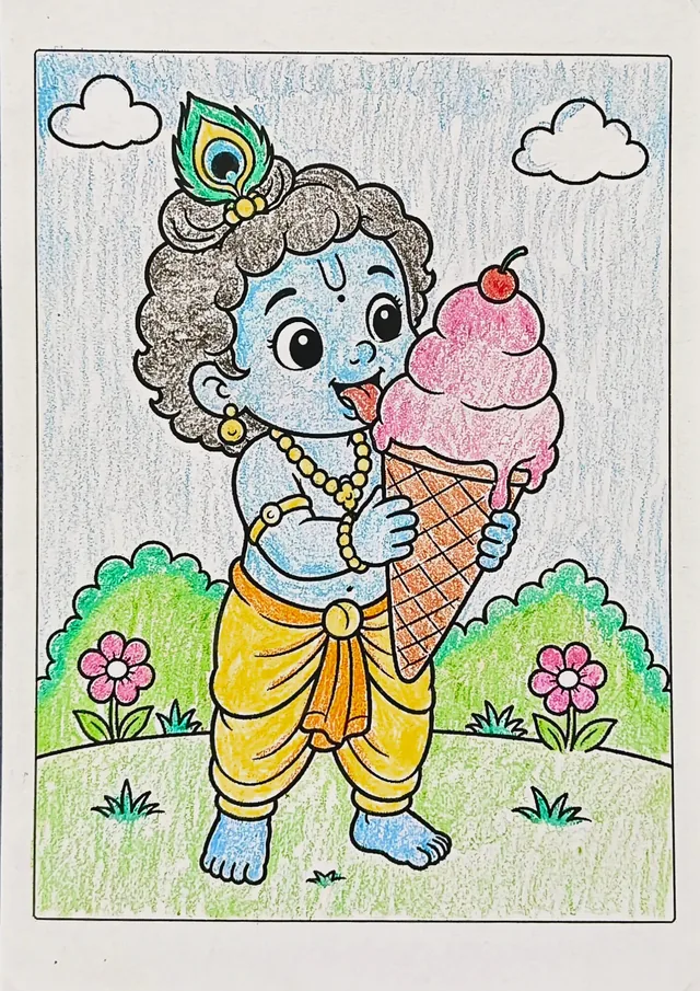 Colored Lord Krishna coloring book sample after coloring
