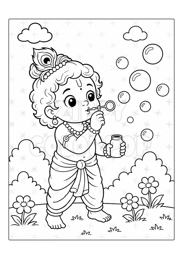 Black-and-white Lord Krishna flute coloring book sample before coloring