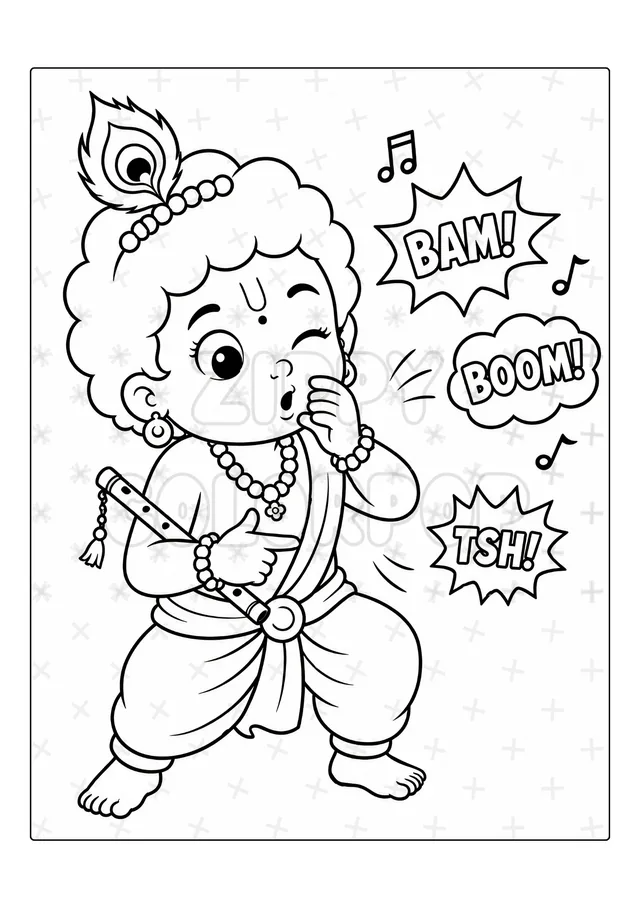 Black-and-white Lord Krishna ball coloring book sample before coloring