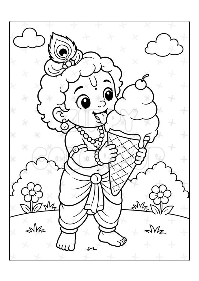 Black-and-white Lord Krishna coloring book sample before coloring