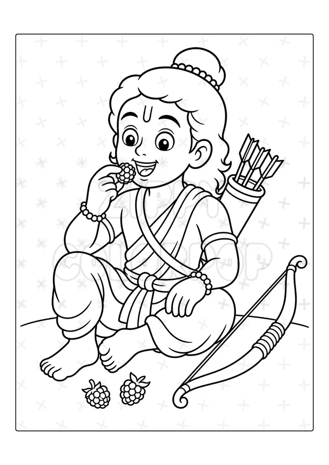 Black-and-white Lord Rama berries coloring book sample before coloring