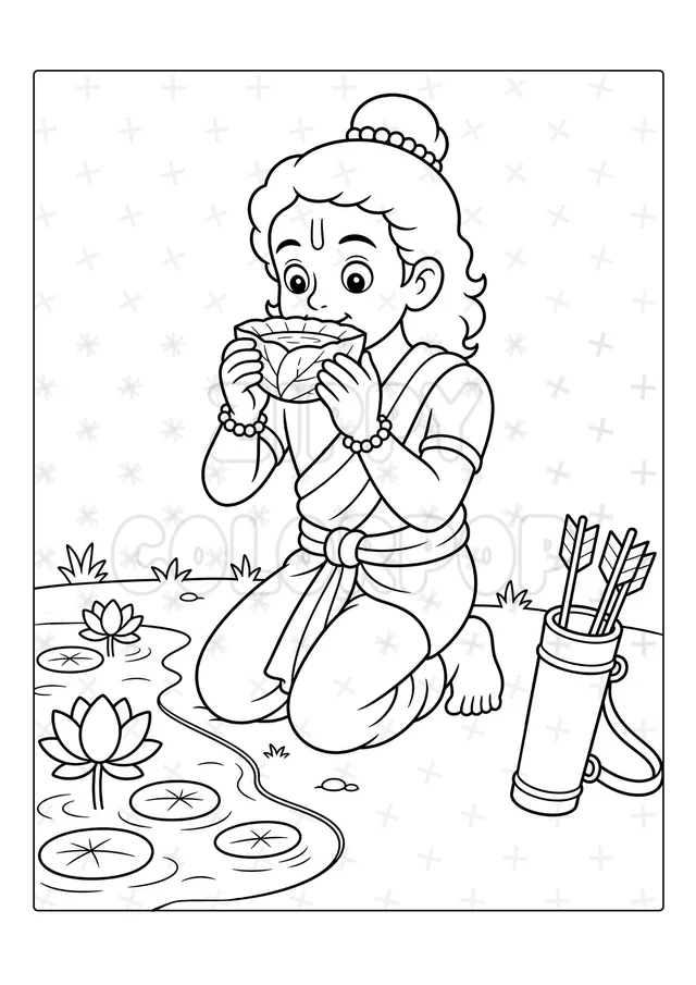 Black-and-white Lord Rama pond coloring book sample before coloring