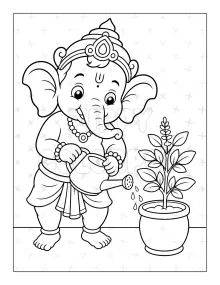 Lord Ganesha coloring book sample with watering plant for kids