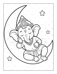Lord Ganesha coloring book sample on crescent moon for kids