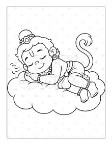 Lord Hanuman coloring book sample sleeping on a cloud for kids