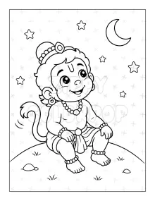 Lord Hanuman coloring book sample under the moon for kids