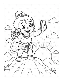 Lord Hanuman coloring book sample taking a selfie for kids