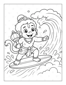 Lord Hanuman coloring book sample surfing a wave for kids