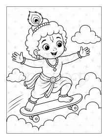 Lord Krishna coloring book sample skating through clouds for kids