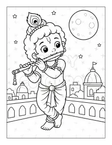 Lord Krishna coloring book sample playing flute under the moon for kids