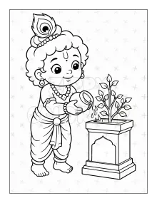 Lord Krishna coloring book sample with Tulsi plant for kids