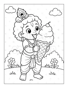 Lord Krishna coloring book sample with ice cream for kids