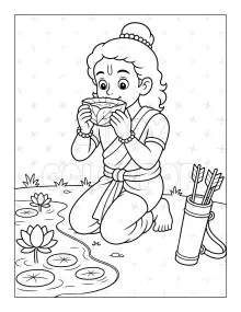 Lord Rama coloring book sample near lotus pond for kids