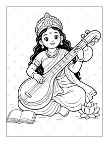 Hindu Gods coloring book sample with Saraswati and veena for kids