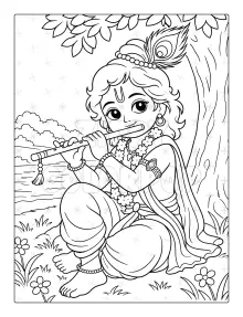 Hindu Gods coloring book sample with Krishna playing flute for kids