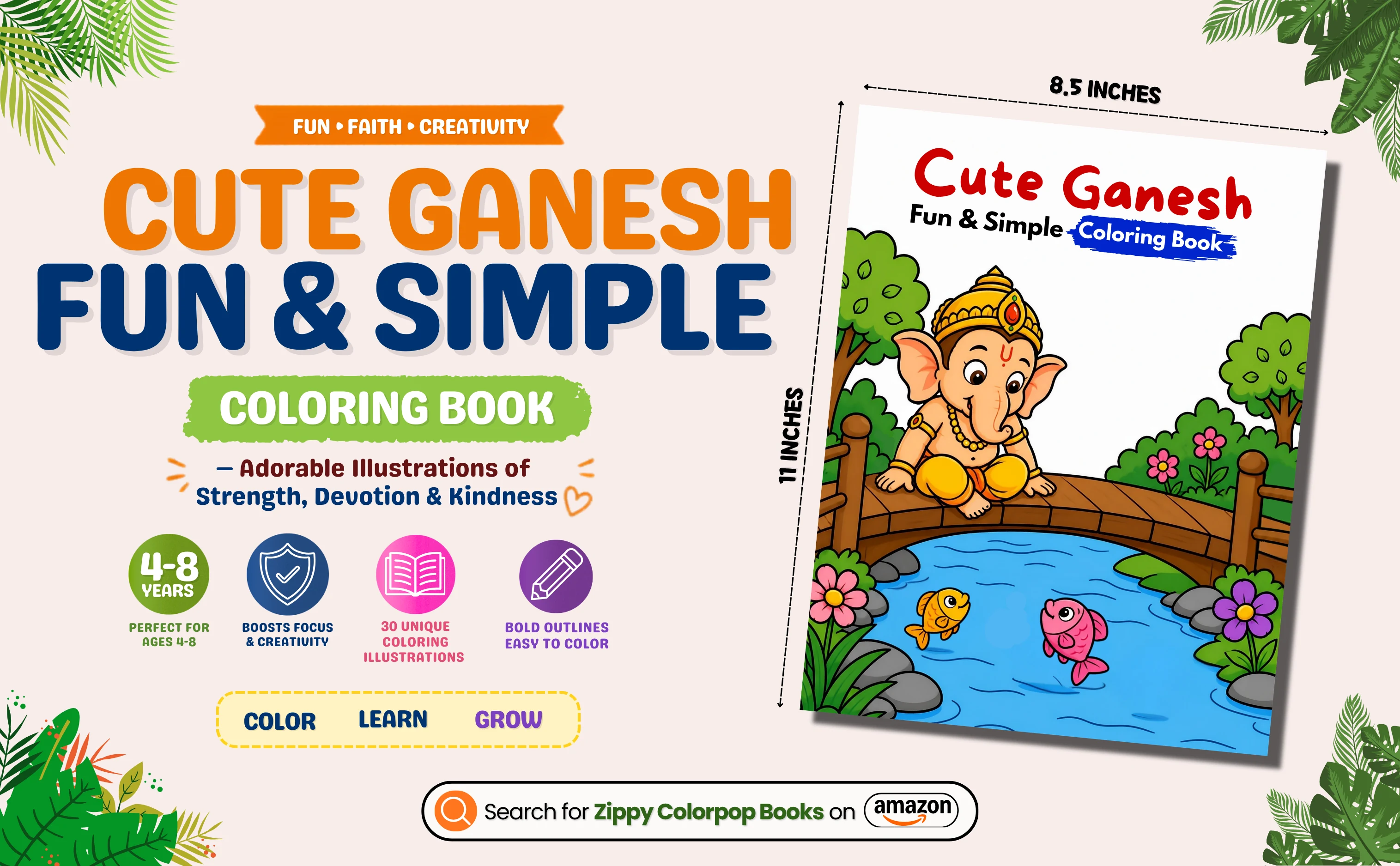 Ganesha coloring book cover, size and benefits for kids