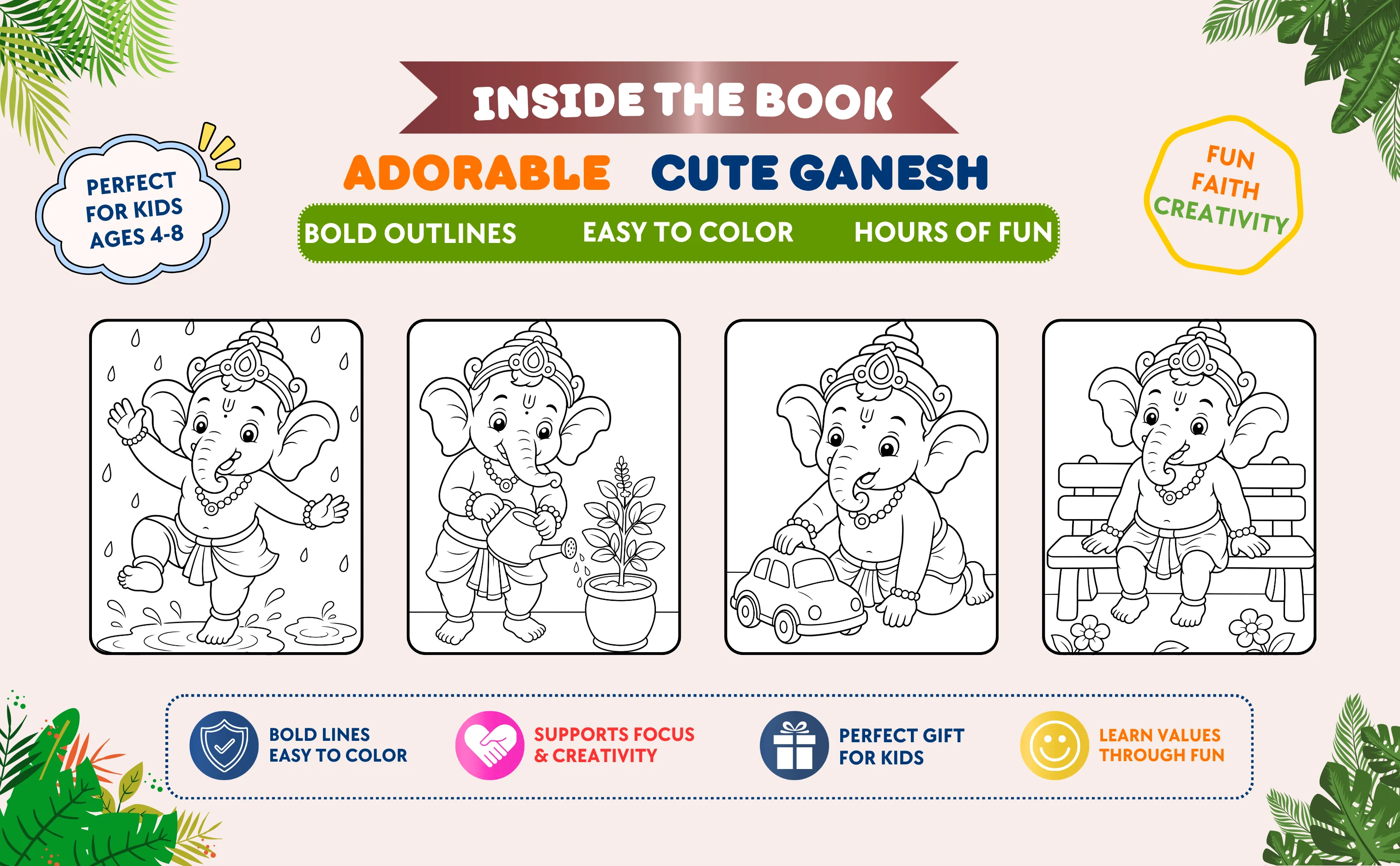Ganesha coloring book interior with easy sample coloring pages