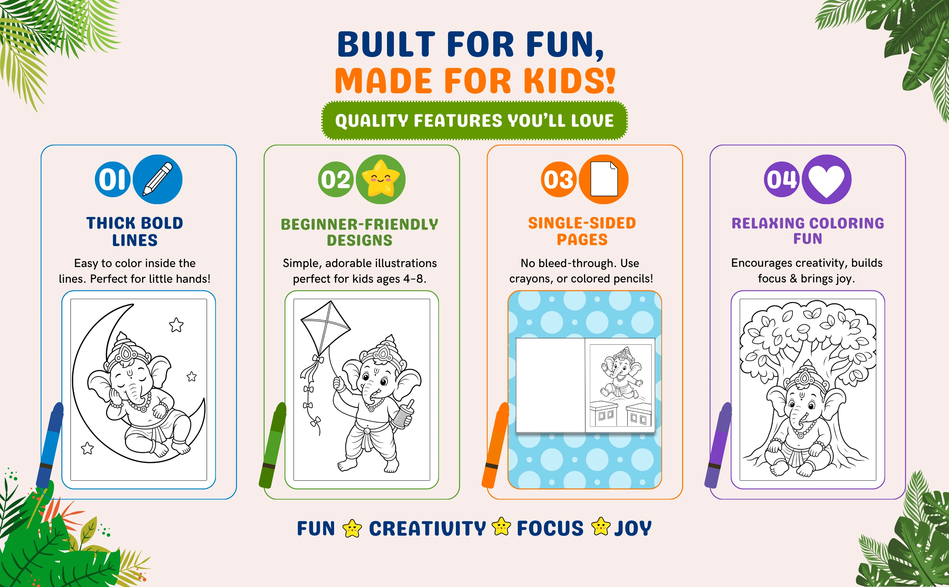 Ganesha coloring book with bold lines and single-sided pages