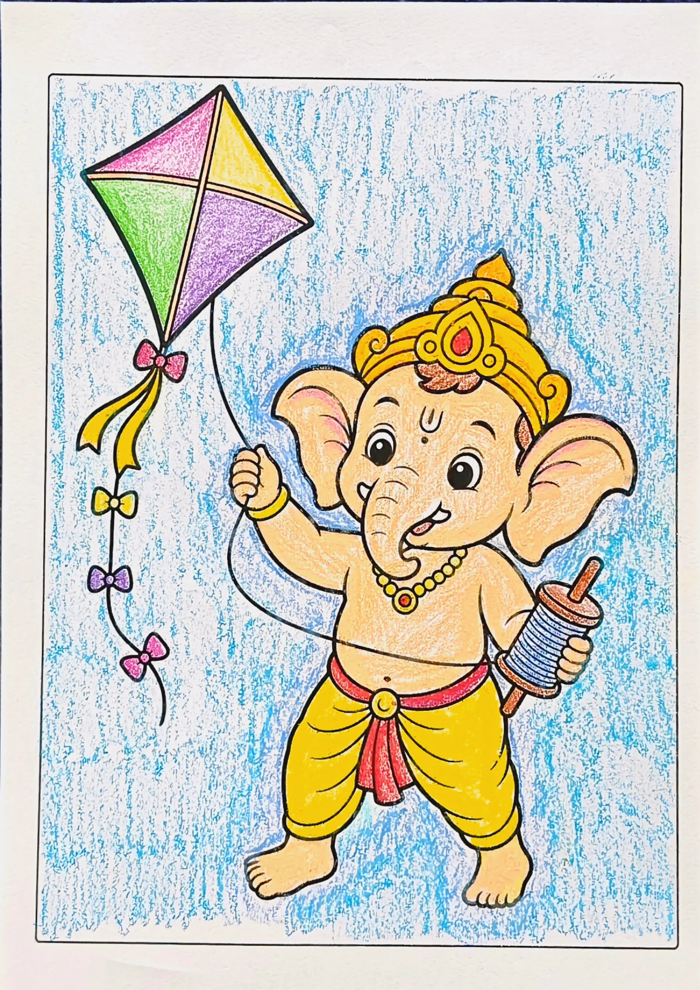 Colored Ganesha coloring page with Ganesha flying a kite