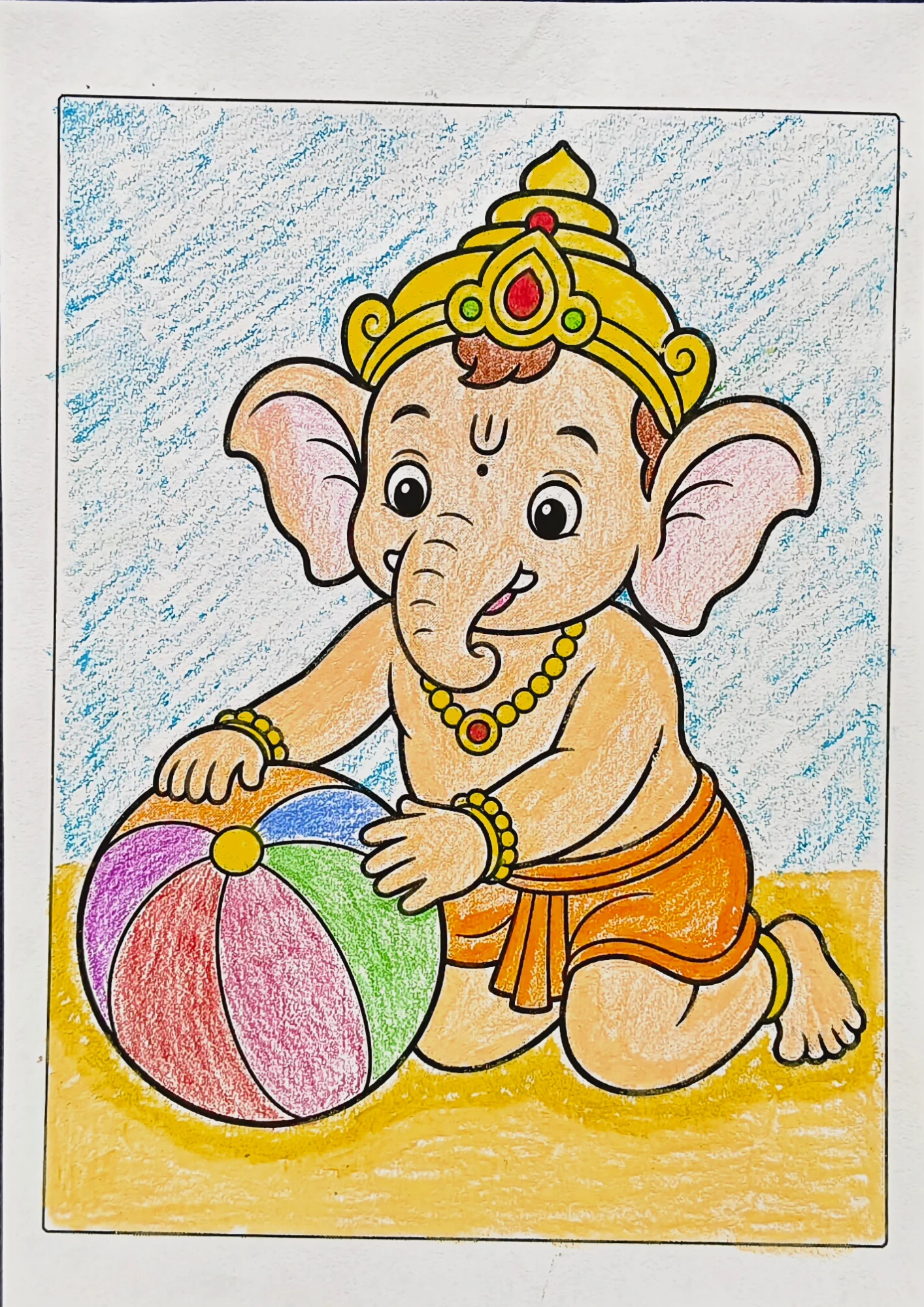 Colored Ganesha coloring page with Ganesha playing with a ball